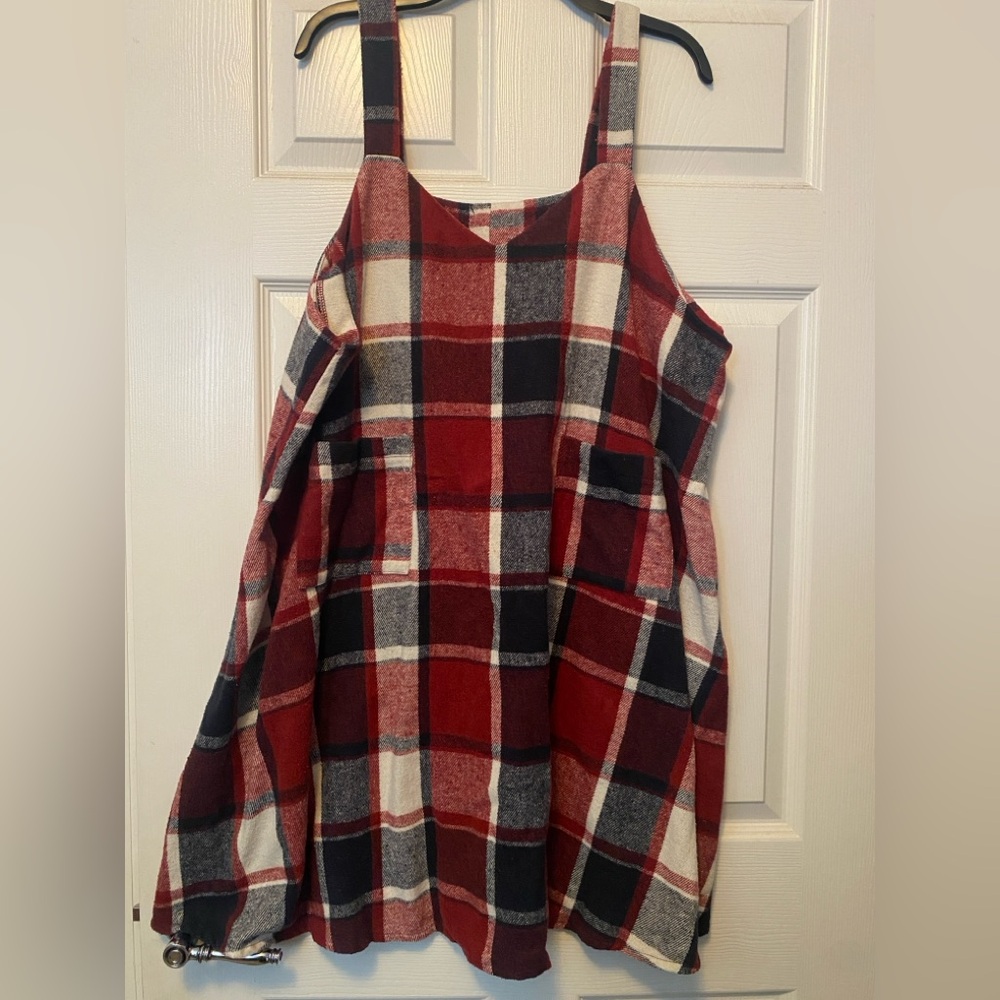 SHEIN Red Black Plaid Sleeveless Pinafore Dress